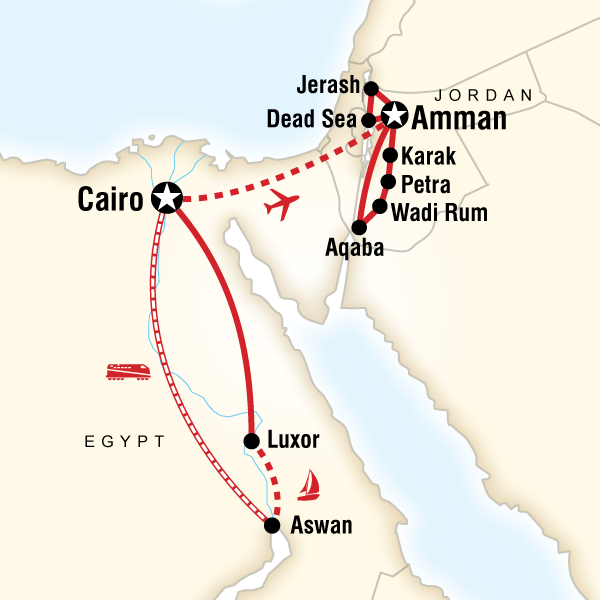 Map of the route for Egypt & Jordan Adventure