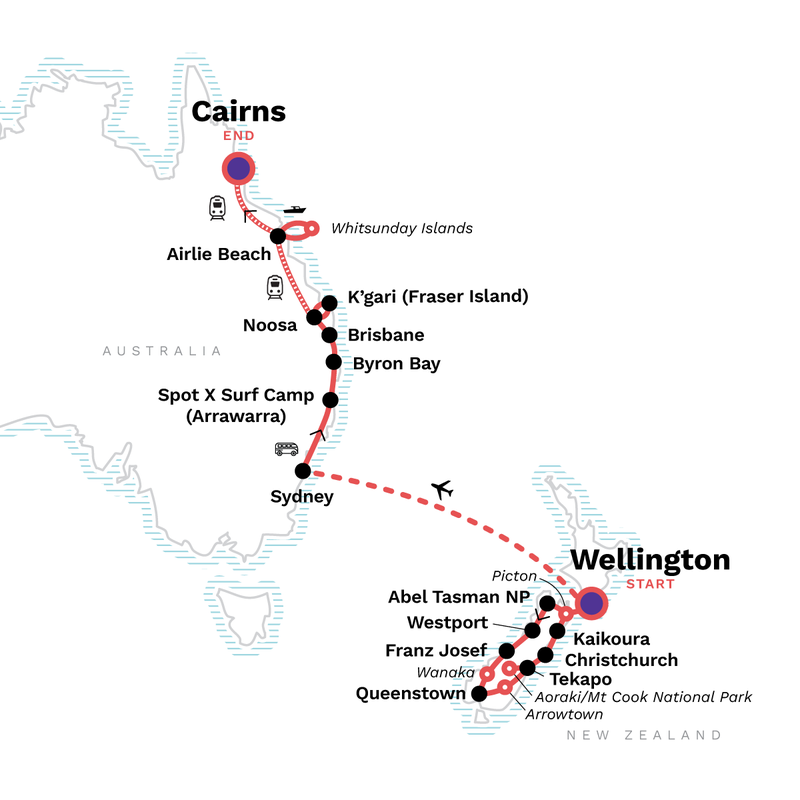 Map of the route for Australia and New Zealand: Surfing & National Parks