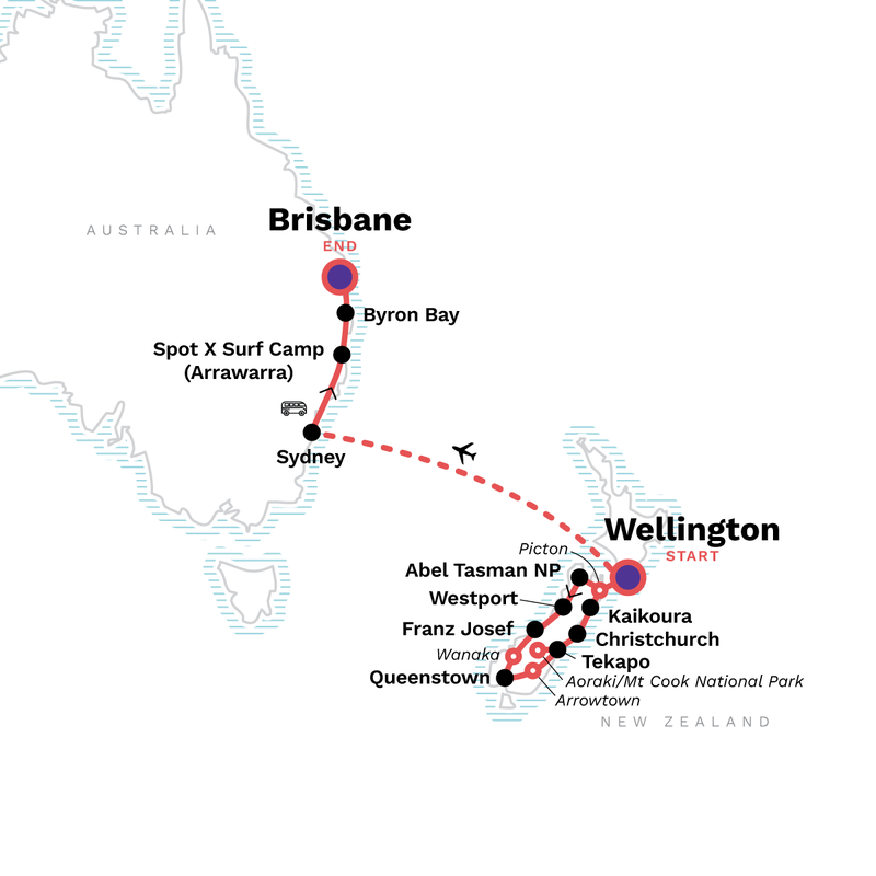 Map of the route for Australia And New Zealand: Bushwalks & Beaches