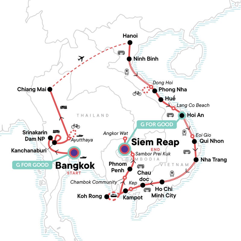 Map of the route for Ultimate Adventure: Thailand, Vietnam & Cambodia Vibes