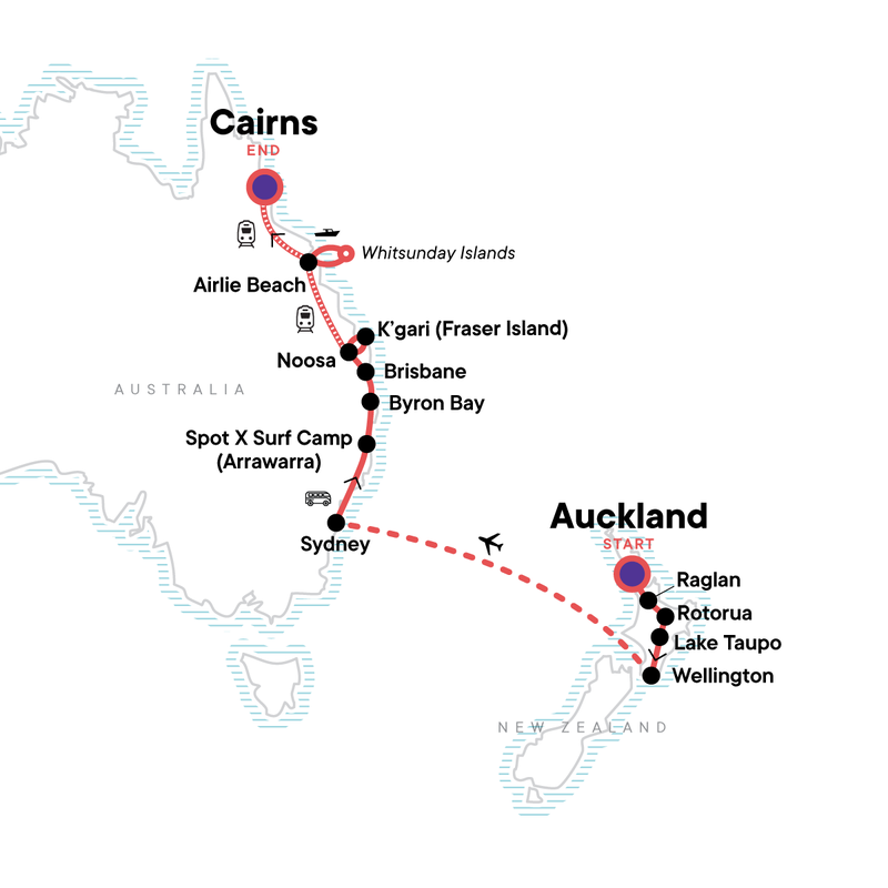 Map of the route for Australia and New Zealand: Surfing Waves & The Whitsundays
