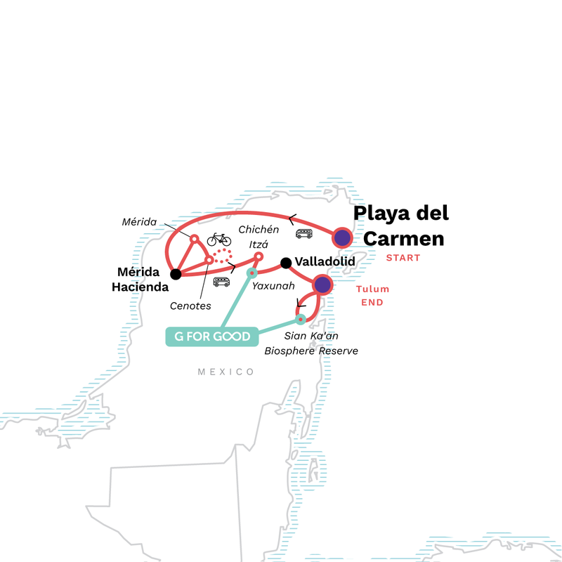 Map of the route for Mexico's Yucatán Peninsula: Mayan Ruins & Cenotes