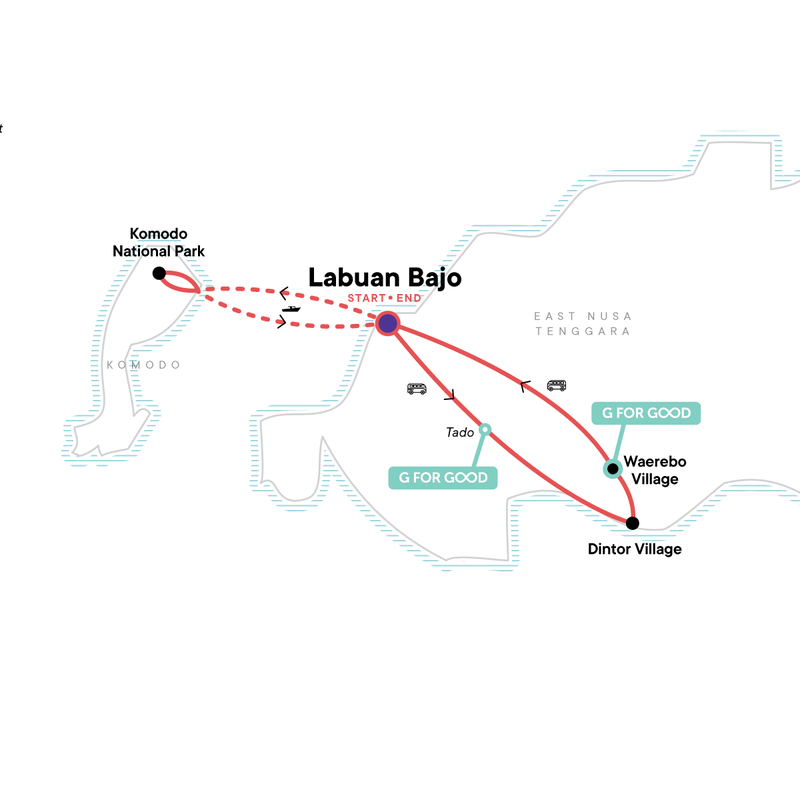 Map of the route for Flores Frontier: Jungles, Villages & Komodo Quests