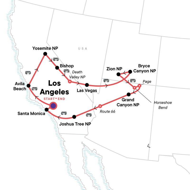 Map of the route for Best of the West Road Trip: California, Utah & Vegas Bright Lights