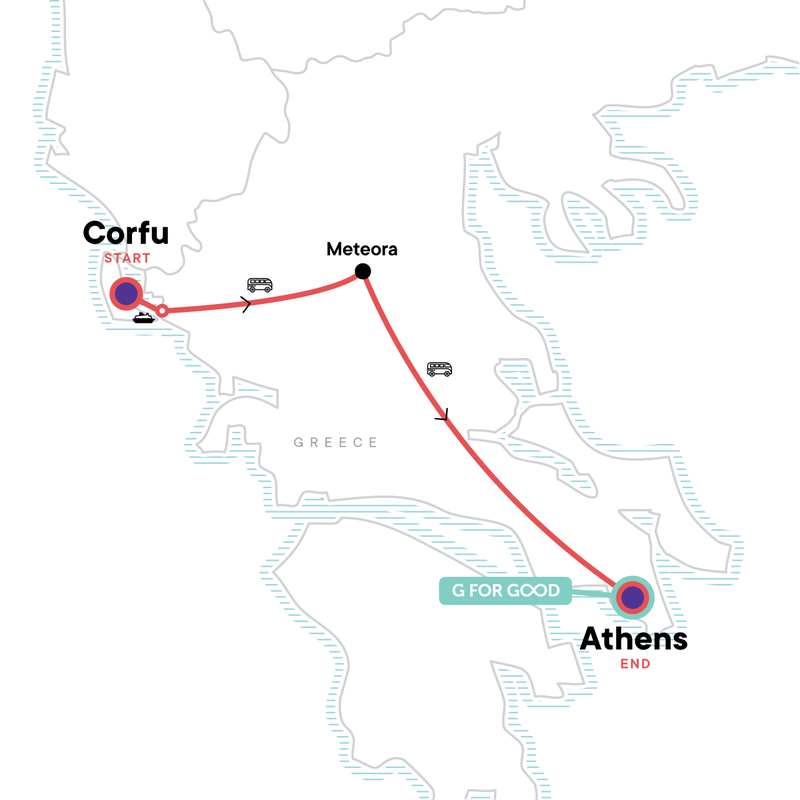 Map of the route for Corfu to Athens: Meteora & The Emerald Island