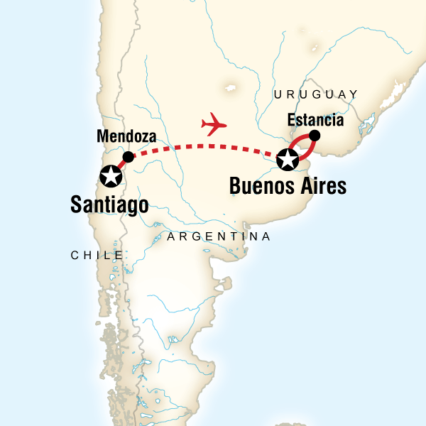 Map of the route for Taste of Chile, Argentina & Uruguay