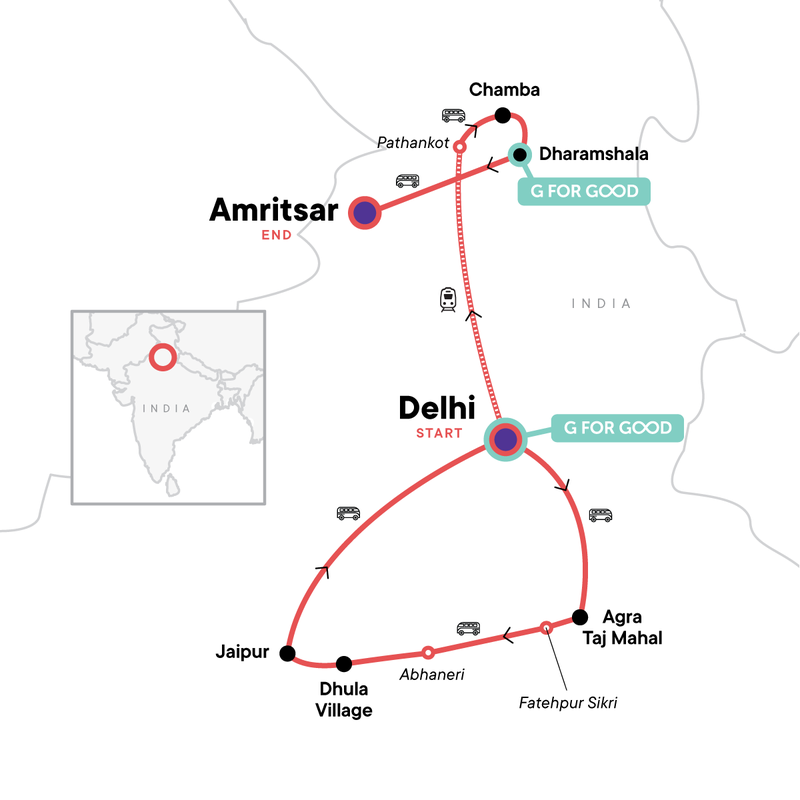 Map of the route for India Discovery: Golden Triangle & Himalayan Highlights