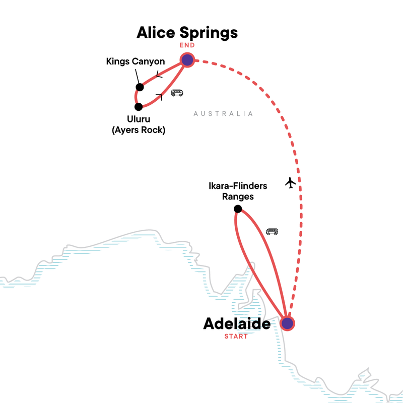 Map of the route for Outback to the Red Centre: Adelaide to Alice Springs