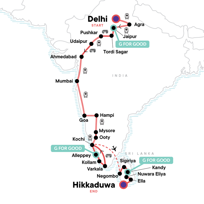 Map of the route for India to Sri Lanka: The Taj Mahal & Beach Bar Crawls
