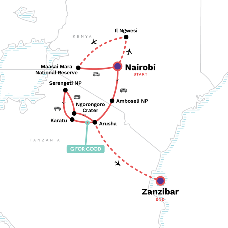 Map of the route for Kenya & Tanzania: Maasai Mara, The Serengeti & Zanzibar