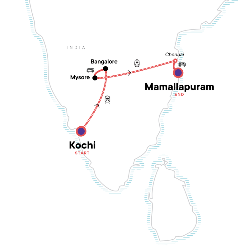 Map of the route for Southern India: West to East Coast