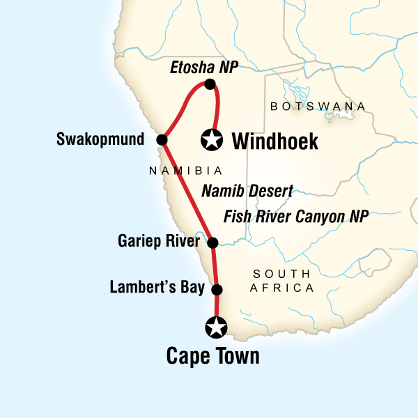 Map of the route for Cape and Namibia Adventure