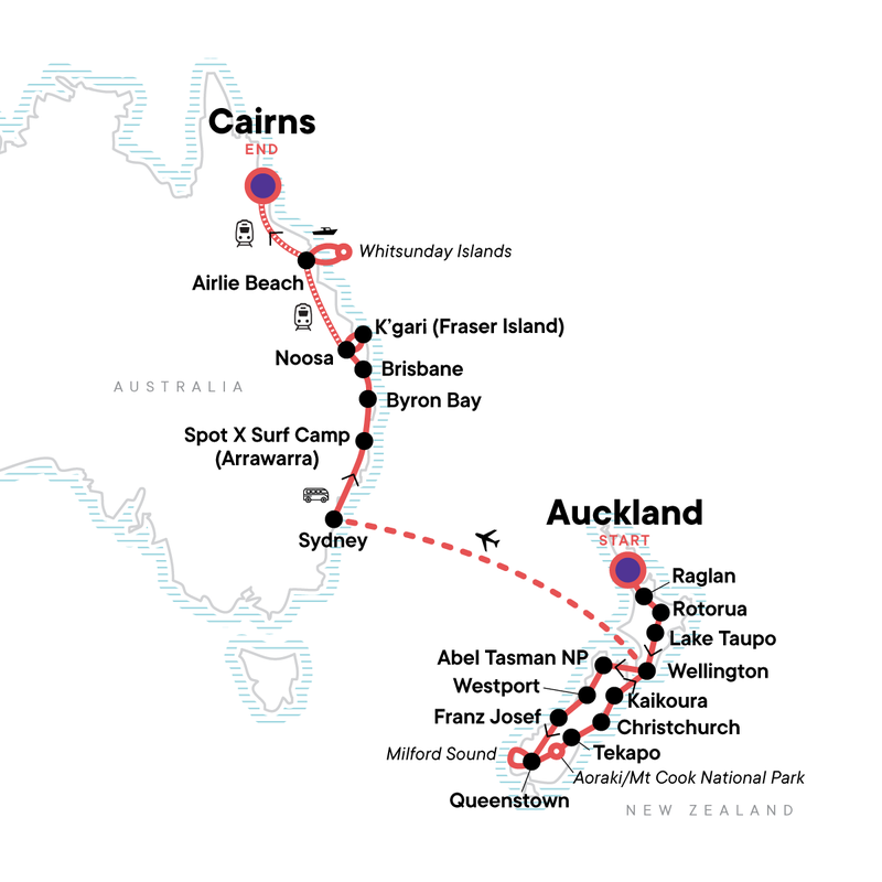 Map of the route for Australia & New Zealand:  A Month Down Under