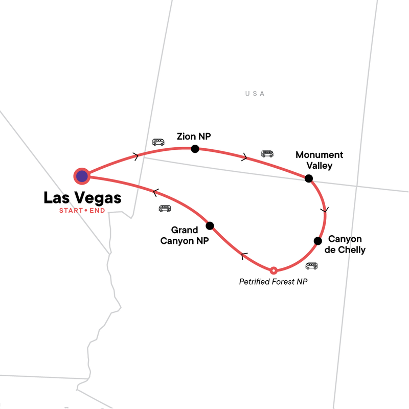 Map of the route for Highlights of Southwest National Parks