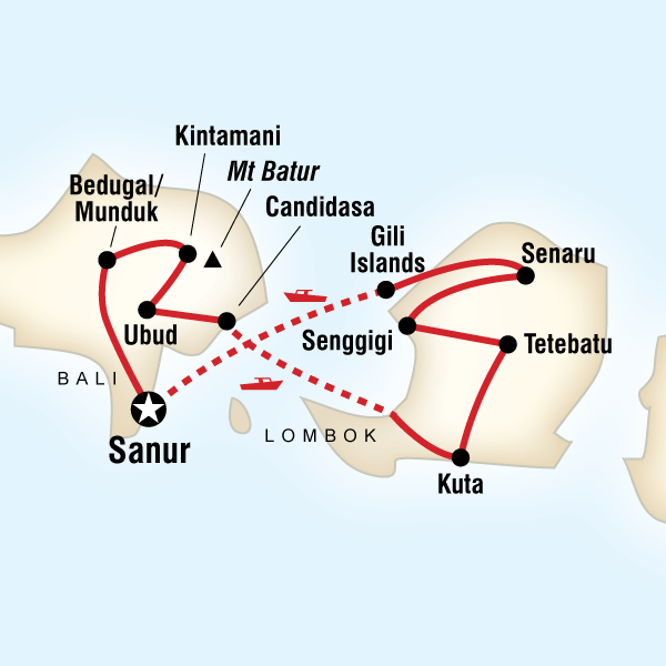 Map of the route for Classic Bali & Lombok