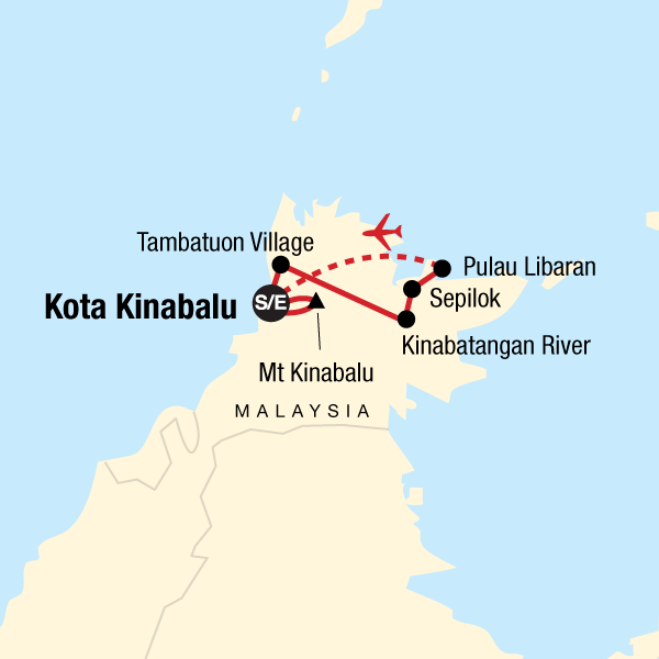 Map of the route for Highlights of Sabah & Mt Kinabalu