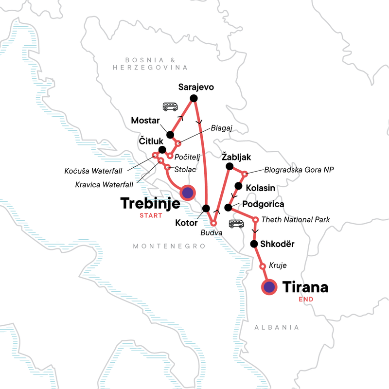 Map of the route for Classic Balkans: Trebinje to Tirana
