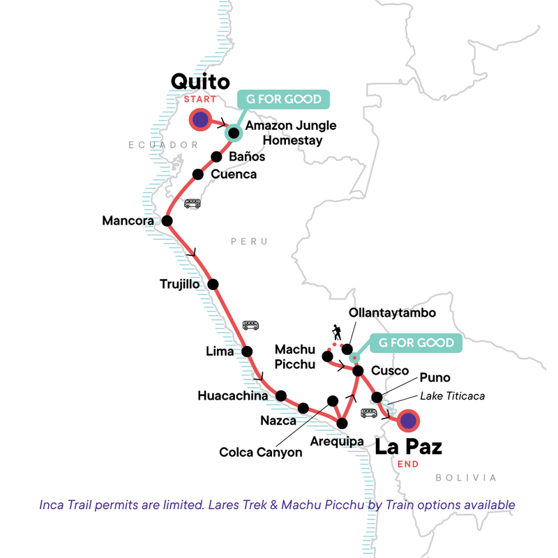 Map of the route for Quito to La Paz: Amazon & Ancient Cultures