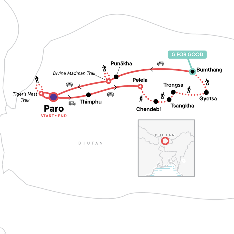 Map of the route for Camp the Trans Bhutan Trail