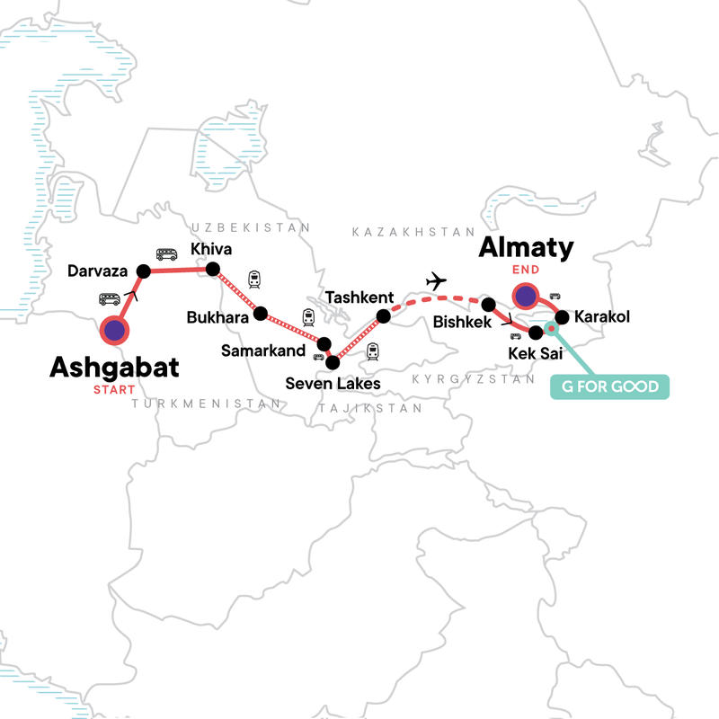 Map of the route for Five Stans: Silk Road Highlights