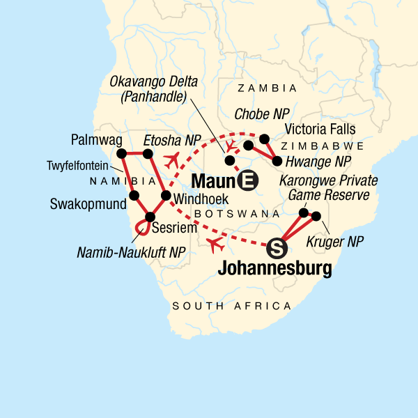 Map of the route for Southern Africa: Desert, Wildlife & Falls