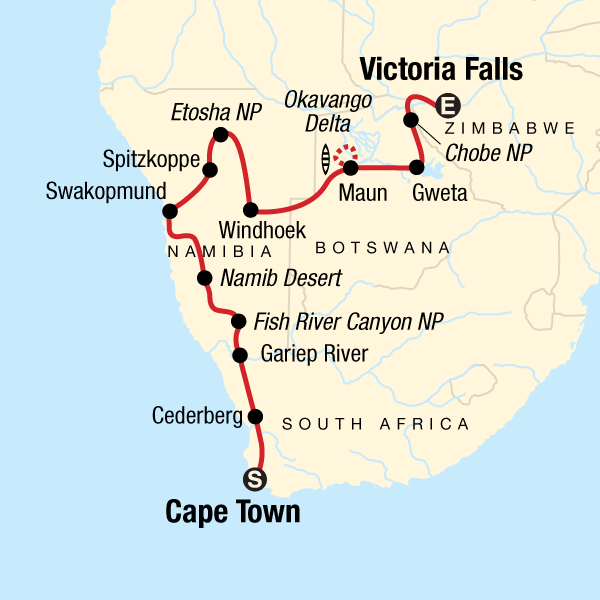 Map of the route for Southern Africa Northbound: Dunes, Deltas & Falls