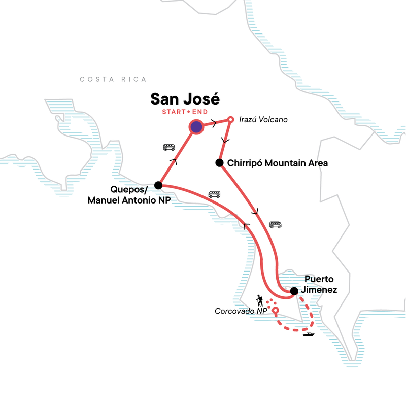 Map of the route for Costa Rica: The Osa Peninsula & Manuel Antonio National Park