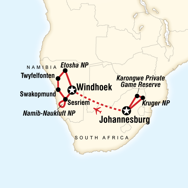 Map of the route for Journeys: Discover Kruger & Namibia
