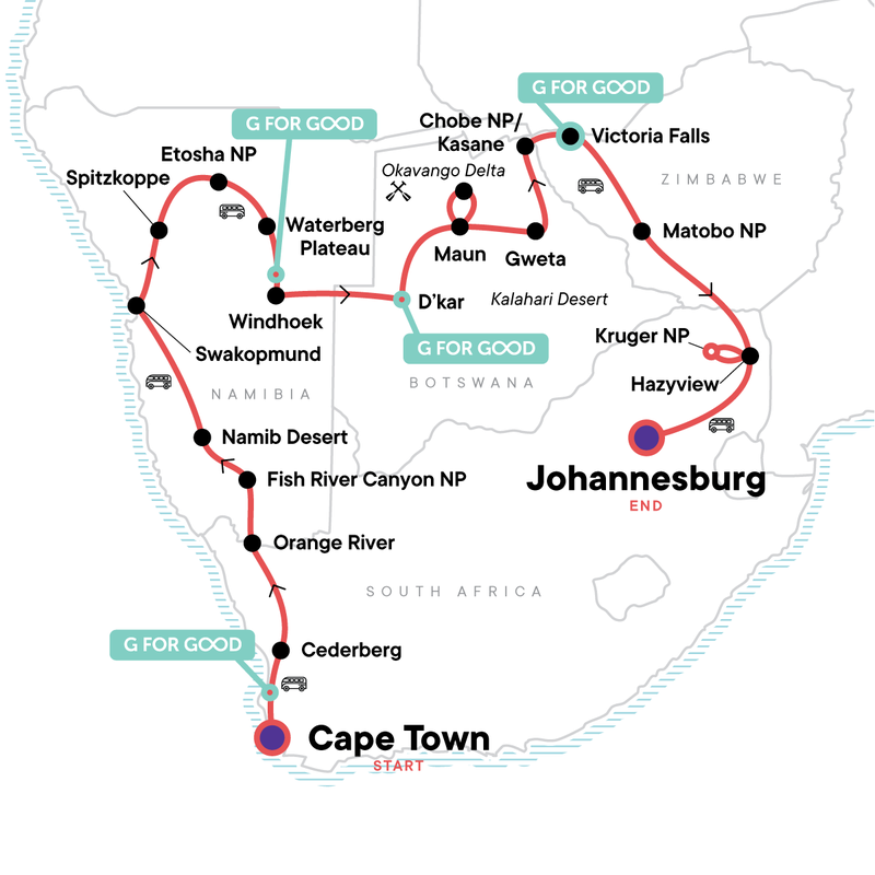 Map of the route for Southern Africa Overland: Cape Town, Falls & Kruger
