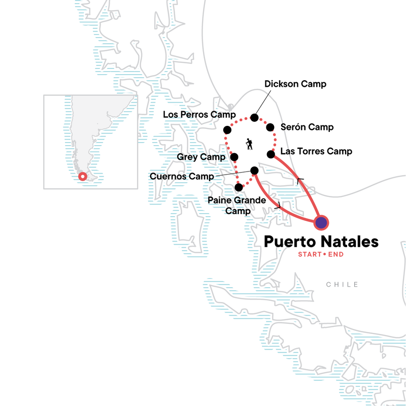 Map of the route for Torres del Paine - Full Circuit Trek