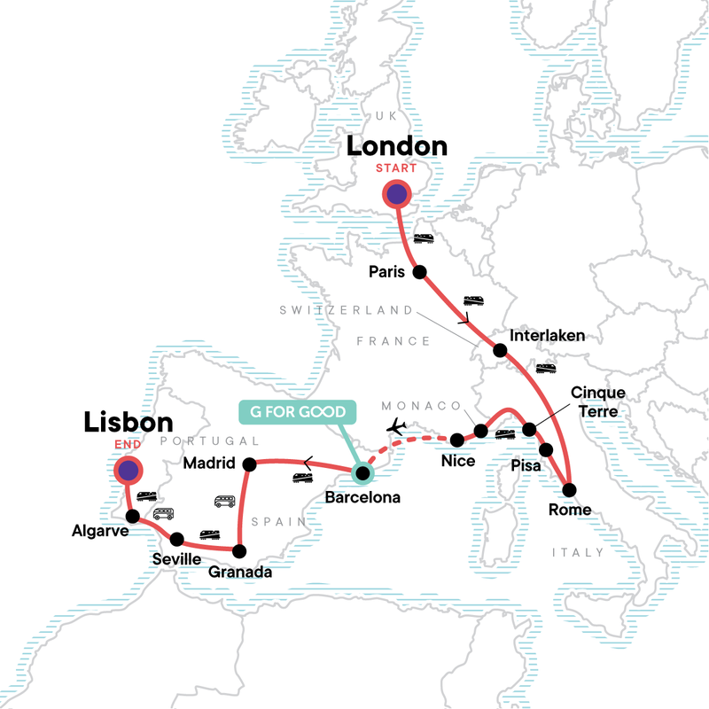 Map of the route for London to the Mediterranean: Coasts & Cafés