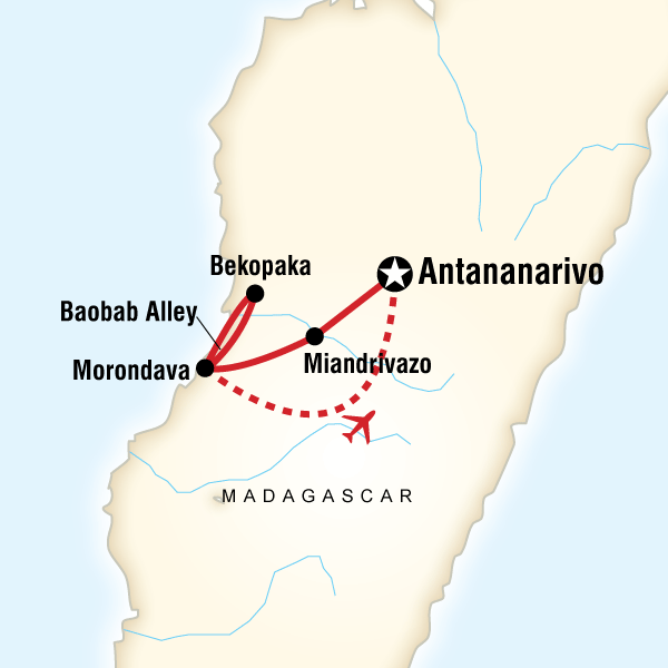 Map of the route for Madagascar - Baobab & Tsingy Explorer
