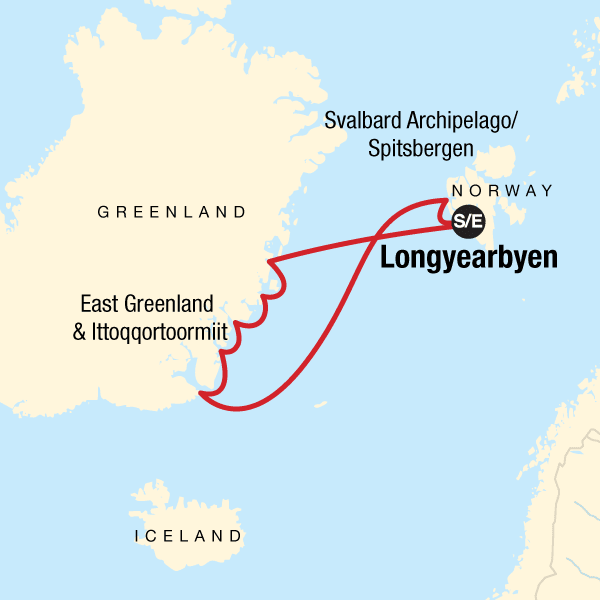 Map of the route for Explore Greenland and Spitsbergen: Fjords and Glaciers