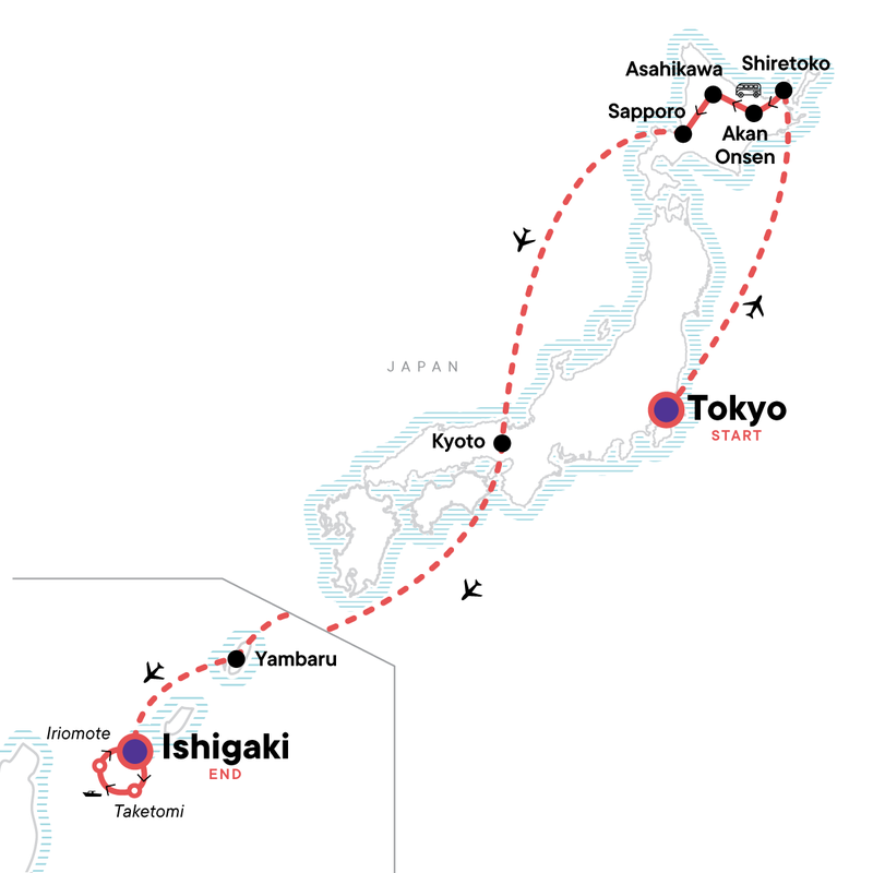Map of the route for Active Japan: North to South Adventure