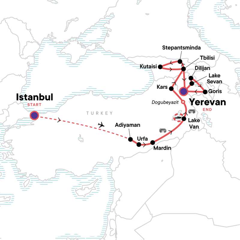 Map of the route for Eastern Turkey, Georgia, & Armenia