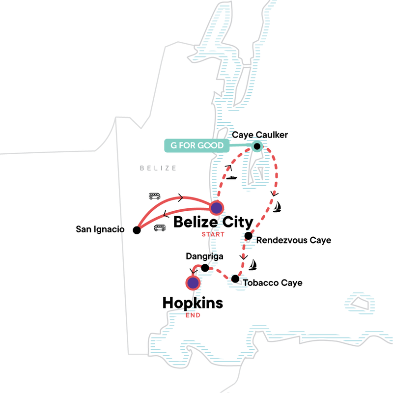Map of the route for Belize Uncovered: Reefs, Ruins & Reggae