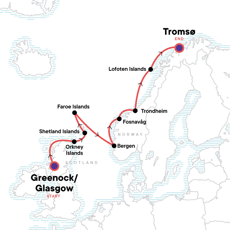 Map of the route for In the Wake of the Vikings: Orkney, Shetland & the Faroe Islands