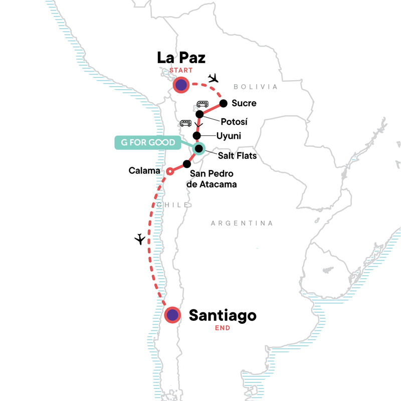 Map of the route for South America: La Paz, Santiago & the Uyuni Salt Flats