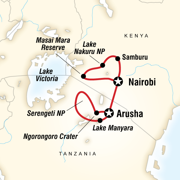 Map of the route for Kenya & Tanzania Camping Safari