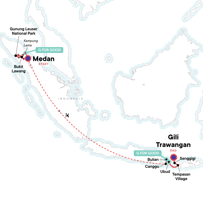 Map of the route for Wild Sumatra to Gili Bliss: The Ultimate Adventure