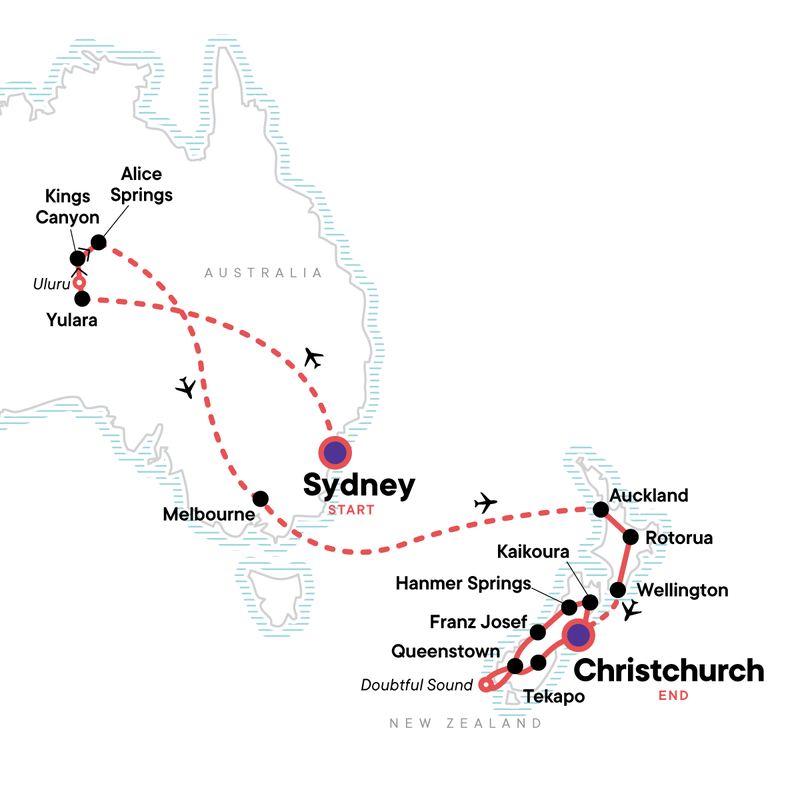 Map of the route for Best of the South Pacific: Ultimate Australia & New Zealand