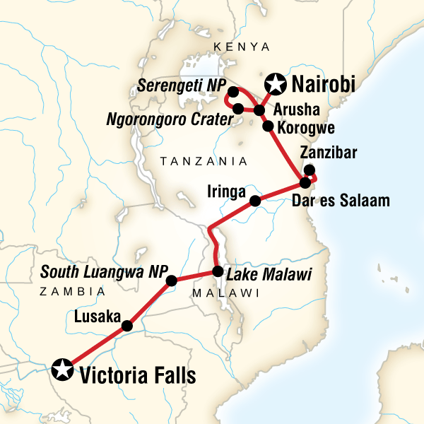 Map of the route for Victoria Falls and Serengeti Adventure
