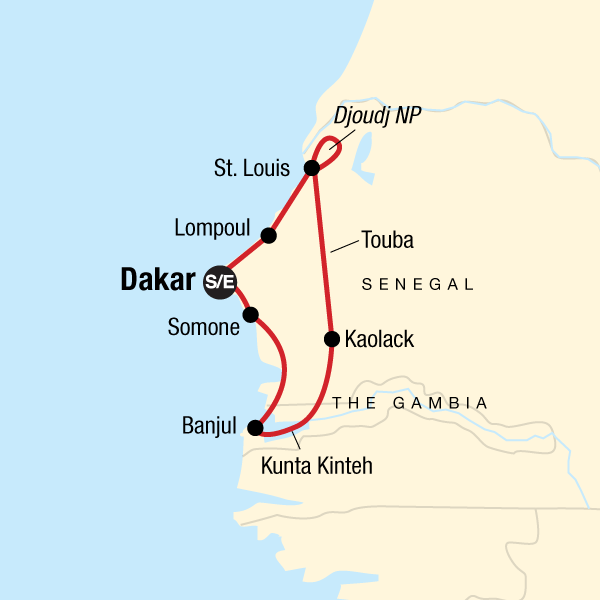 Map of the route for Classic Senegal & The Gambia