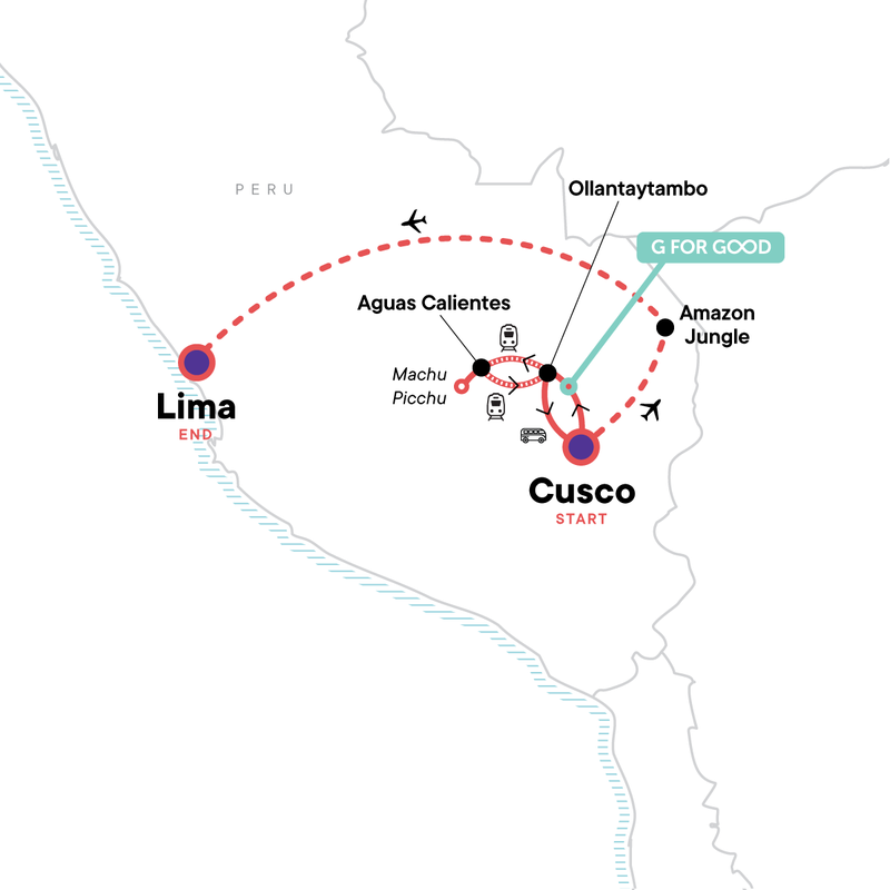 Map of the route for Inca Journey: Machu Picchu by Train & The Amazon