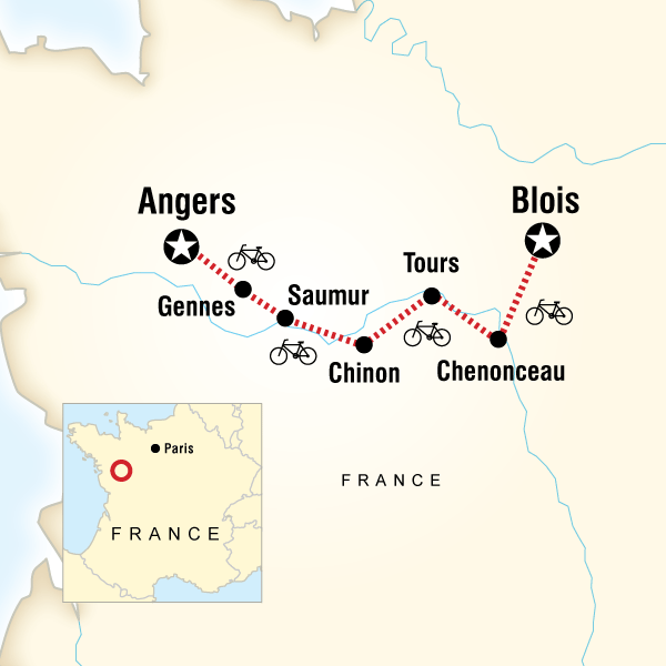 Map of the route for Loire Valley Cycling