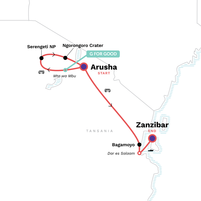 Map of the route for Serengeti to Zanzibar Overland Safari & Participation Camping
