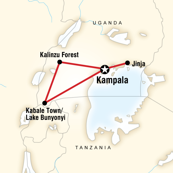 Map of the route for Uganda Overland: Gorillas & Chimps