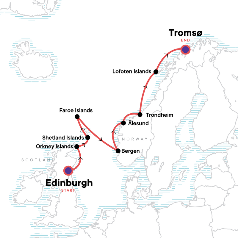 Map of the route for In the Wake of the Vikings: Orkney, Shetland & the Faroe Islands