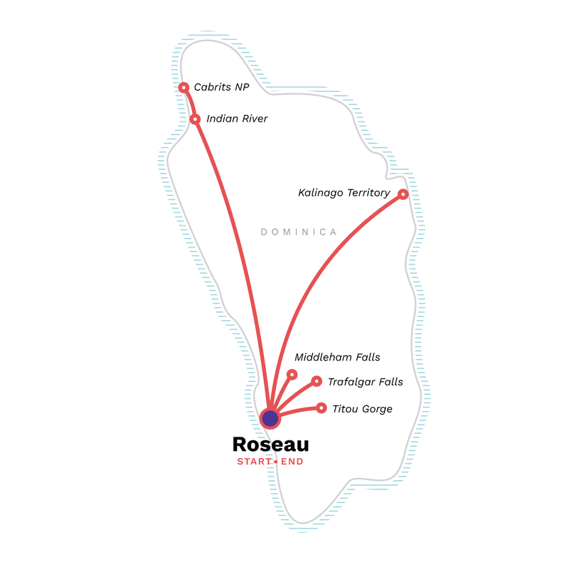 Map of the route for Dominica: Waterfalls, Volcanic Peaks & Kalinago Culture