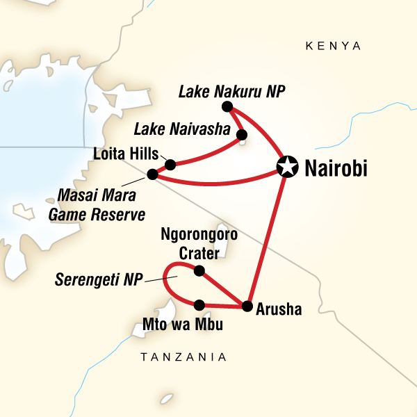 Map of the route for Kenya & Tanzania Overland Express (Nairobi Loop)